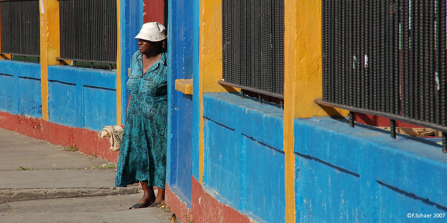 Horizonte 125.jpg - a native lady just leaving the public market hallin Basseterre, St.Kitts (eastern Caribbean Islands)   click here for Google Maps View   Position: N17°17'39" W62°43'26", elev.8m/24ft Camera: Nikon D50 at 200 mm, date 13/11/2007, afternoon