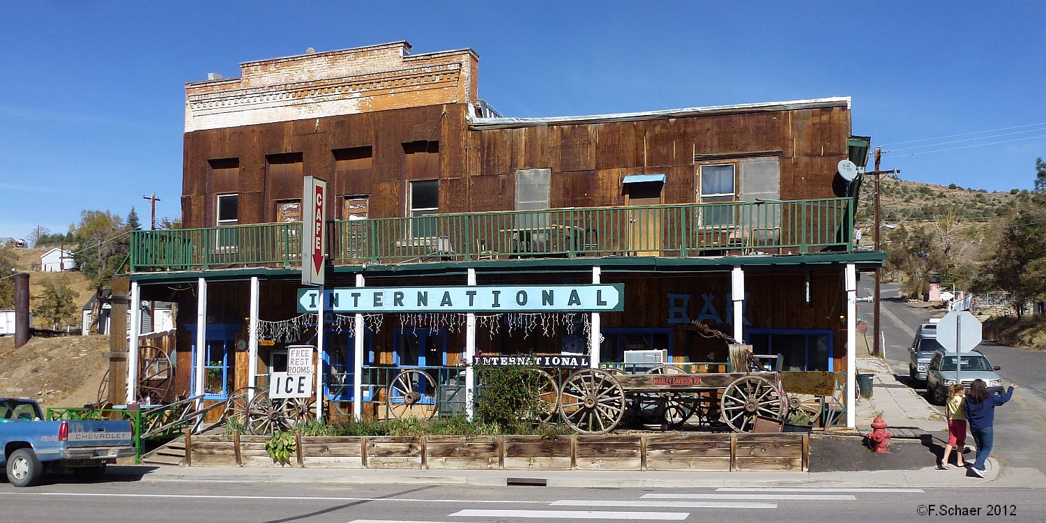 Horizonte 305.jpg -  "Cafe International" in the historic town of Austinalong Hwy 50 in the centre of Nevada/USA. Founded 1862 duringthe Gold- and Silverboom this small town with 200 residentsdidn't change much. Visiting Cafe International is a travellers"must" along Hwy.50 "the lonliest road in America".   click here for Google Maps View   Position: N 39°29'37"/W 117°04'21" elev. 2100m/6900ftCamera: Panasonic TZ20, date: 26/10/2012