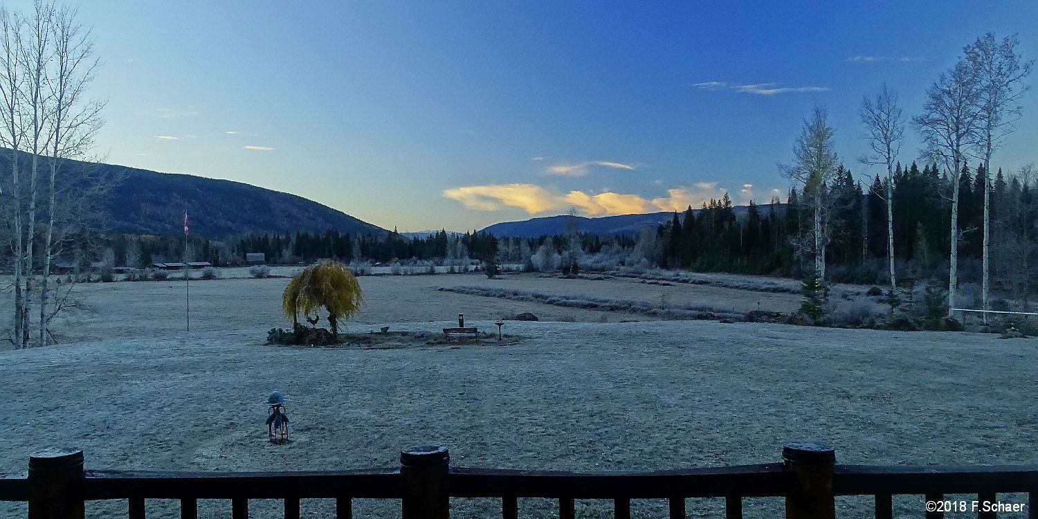 Horizonte 327.jpg - Morning frost in front of our balcony means:it's time to go! I made this pic before breakfast andit was -7°C, but it followed a beautiful and sunny day.Position: N51°53'02"/ W120°01'25", elev. 710m/2335ft ASL.Camera: Sony HX400, Polarizer, date: 22/10/2018, 07:45am.
