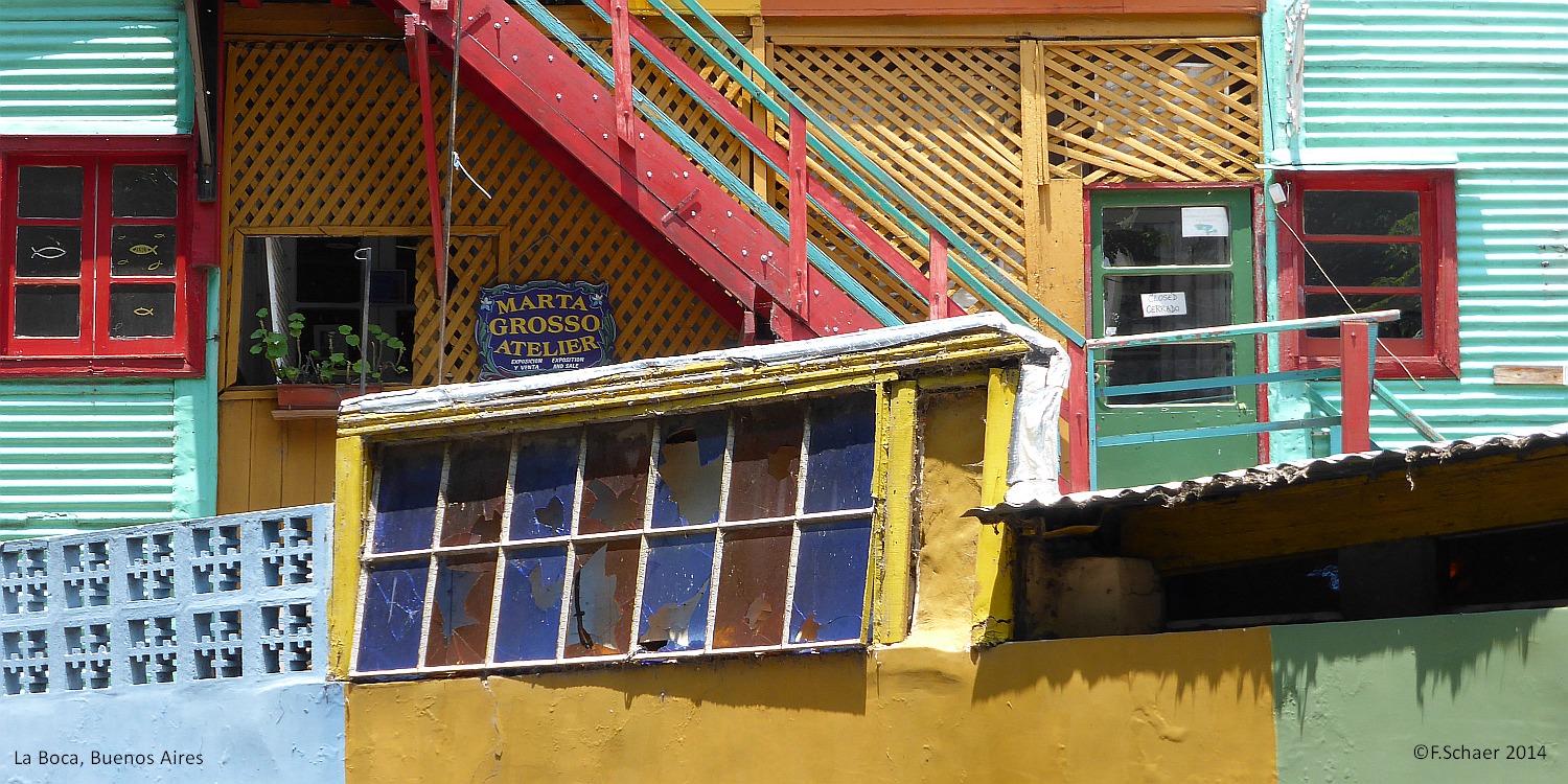 Horizonte 36.jpg - shows the old shantytown along El Caminito in the La Boca District of Buenos Aires. La Boca was founded by Italian Immigrants late 18th century. Colourful shags as well as many artists and Tango-schools makes La Boca the best known object for tourists.   click here for Google Maps View   Position: S34°38'21" W58°21'47" Elev. 5m/17ft  Camera Lumix TZ20