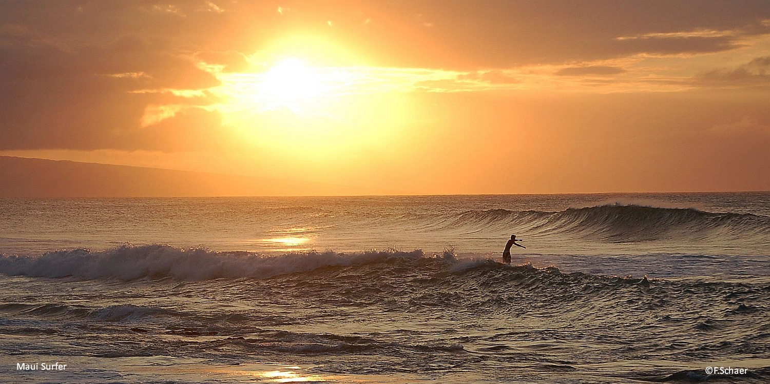 Horizonte 52.jpg - a happy, lonely surfer on the beach of Maui, Hawaii, enjoying the evening waves and the sun.    click here for Google Maps View   Position: N20°59'21" W156°40'10" at Sealevel Camera: Nikon D50 at 80mm